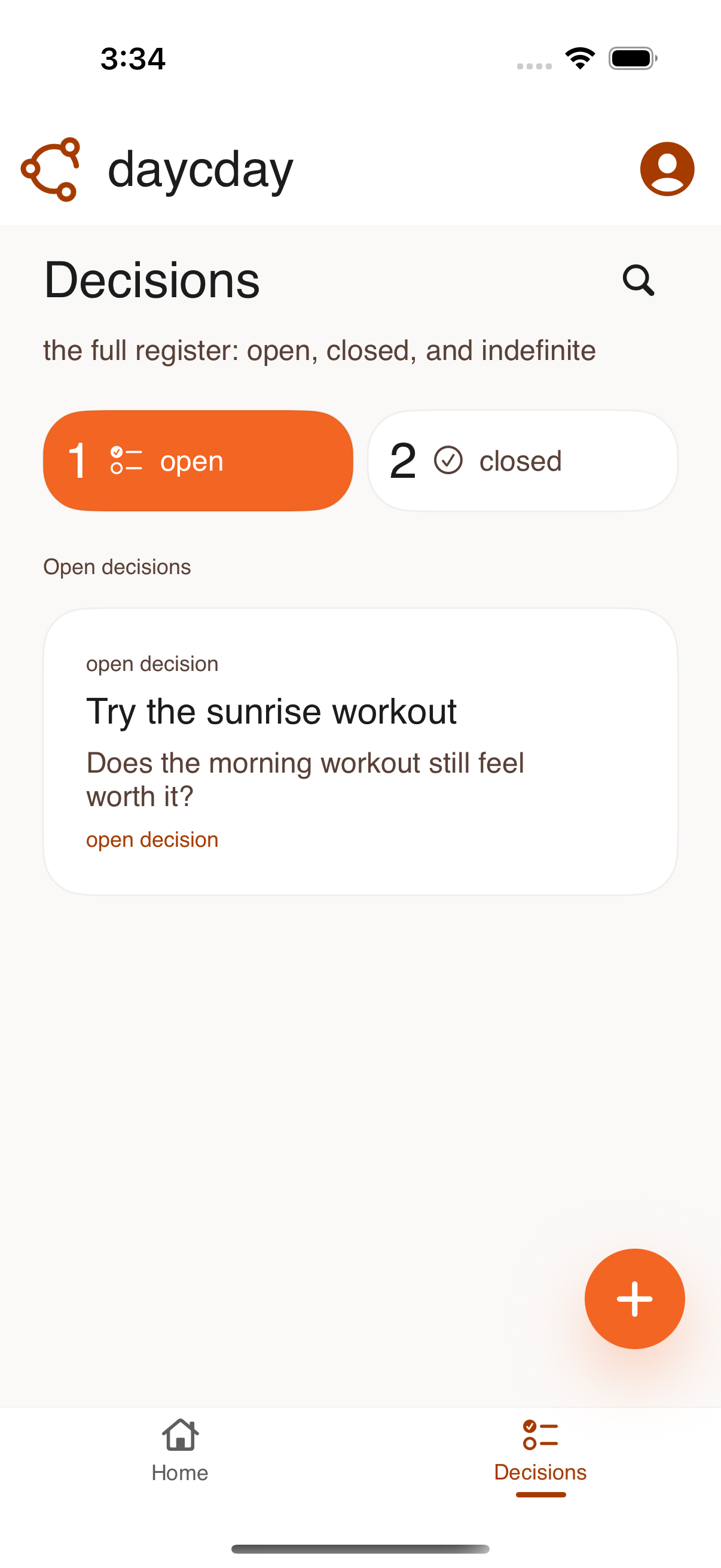 dayCday decisions register showing open and closed decisions
